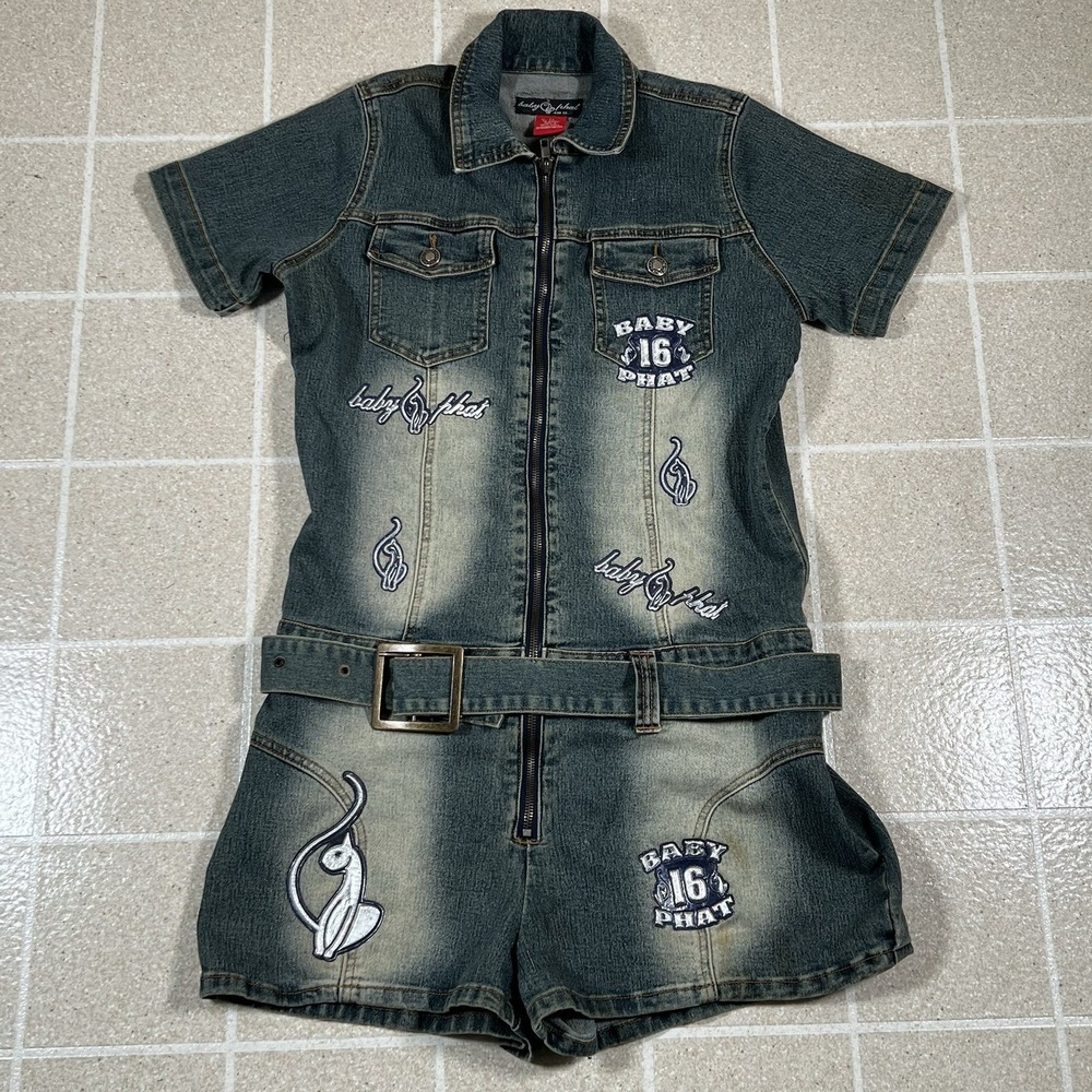 Baby Phat vintage Y2K denim romper Jumpsuit Size 17 Embroidered Patches Logo